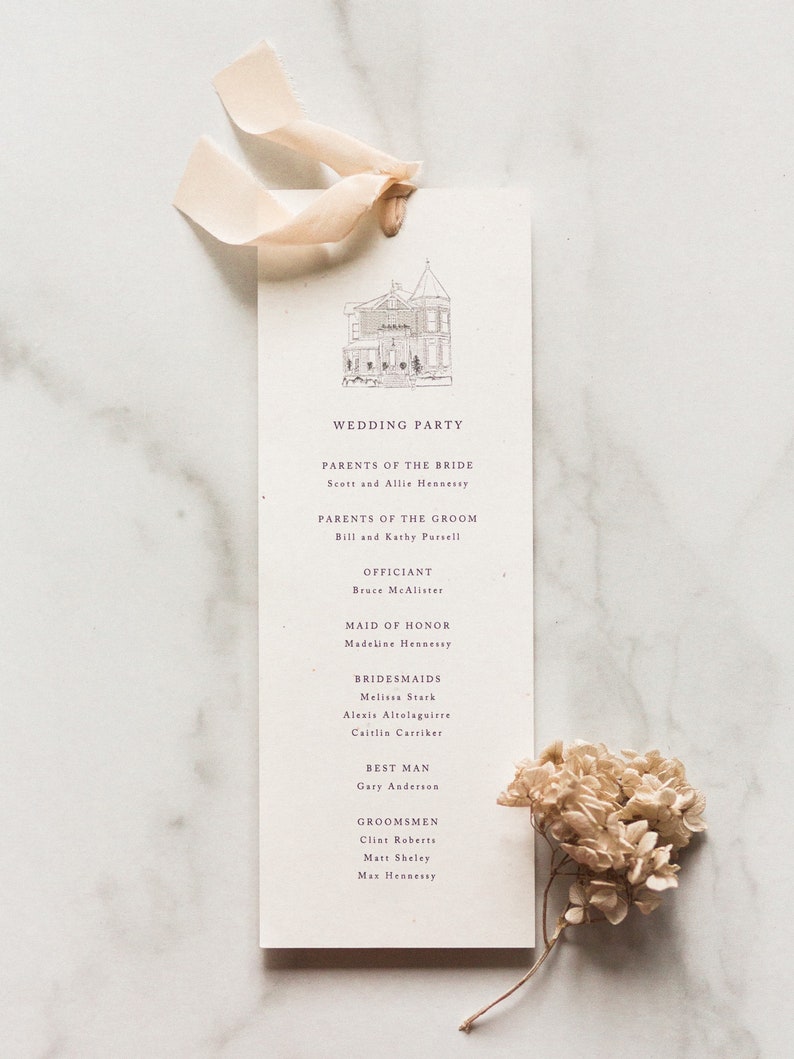 Tarjeta de ceremonia con cinta boda / cena de ensayo / menú de recepción / folleto del logotipo Bavaria Downs imagen 6