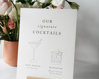 Signature Drink Menu, Bar Sign printed on cardstock, illustrated illustration