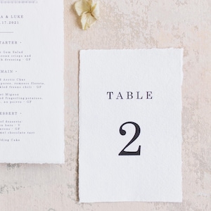 Op de afbeelding: Witte tafelnummerkaart met het woord "TABLE" en het nummer "2" in zwart gedrukt. De kaart heeft een getextureerde, gescheurde rand. De achtergrond is lichtbeige.