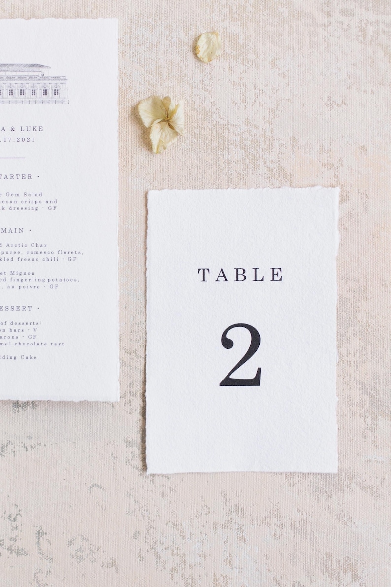 Op de afbeelding: Witte tafelnummerkaart met het woord "TABLE" en het nummer "2" in zwart gedrukt. De kaart heeft een getextureerde, gescheurde rand. De achtergrond is lichtbeige.