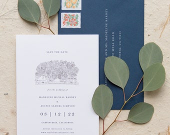 Custom Venue Illustration Wedding Invitation / Invitations, Save the date, Invite Suite, Carpinteria, California, Cate School