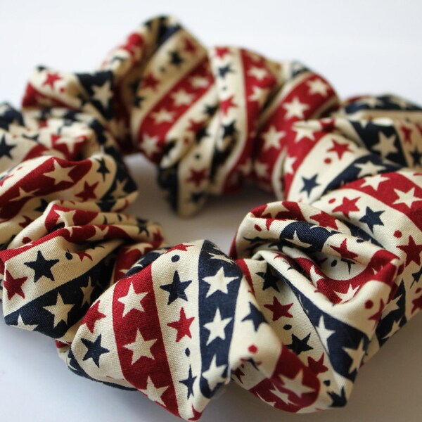 Hair Scrunchie, Red Navy Blue Stars, Cotton Fabric