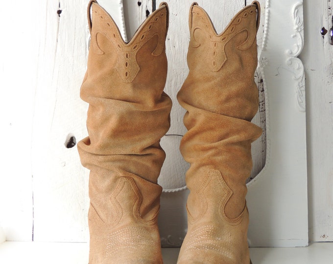 Tan Suede Cowboy Boots / Slouchy Boots / Boho Boots / Western Etsy
