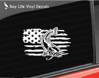 Catfish Vinyl Decal, American Catfish Fishing Vinyl Decal, Distressed Flag Catfish Decal Car/Truck/Home/Laptop/Computer/Tackle Box Decal