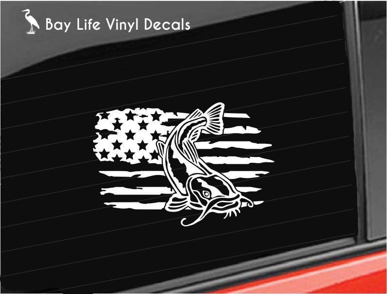 Catfish Vinyl Decal, American Catfish Fishing Vinyl Decal, Distressed Flag Catfish Decal Car/Truck/Home/Laptop/Computer/Tackle Box Decal image 1