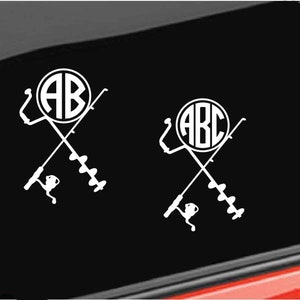 May include: Two white vinyl decals of crossed fishing rods with a circle monogram in the center. The first decal has the monogram "AB" and the second decal has the monogram "ABC".