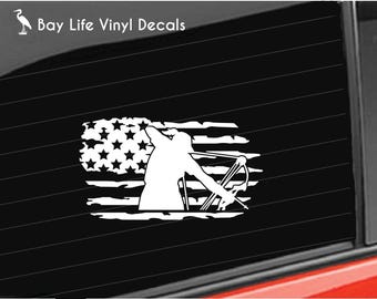 Woman Bow Hunter Vinyl Decal, Bow Hunter Flag, Distressed American Flag Hunting Sticker