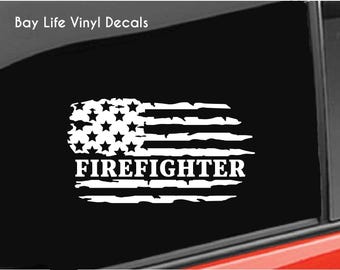 Firefighter Flag Vinyl Decal, Fire Fighter American Distressed Flag Sticker