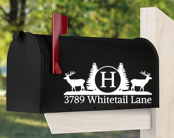 Mailbox Address with Initial Vinyl Decal, Deer and Pine Trees Mailbox Decal