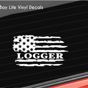 Logger Logging Distressed American USA Flag Vinyl Decal, Logger Decal, Wall Vinyl Decal, Logging Vinyl Decal