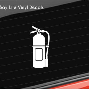 May include: White vinyl decal of a fire extinguisher with a hose. The decal is on a black background with a white text overlay that says "Bay Life Vinyl Decals".