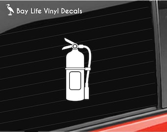 May include: White vinyl decal of a fire extinguisher with a hose. The decal is on a black background with a white text overlay that says "Bay Life Vinyl Decals".