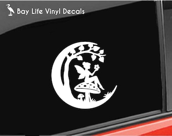 Crescent Moon Fairy Vinyl Decal, Moonlight Mushroom Sticker