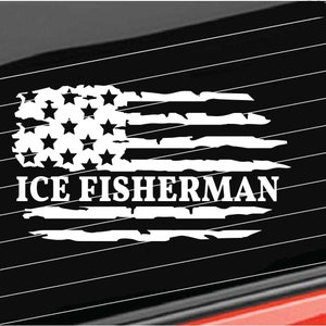 Ice Fisherman Distressed Flag Vinyl Decal, Ice Fishing Vinyl Decal Home/Laptop/Computer/Truck/Car Bumper Sticker Decal