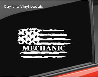 Mechanic Distressed American USA Flag Auto Mechanic Sticker