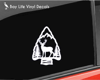 Arrow Head with Deer Vinyl Decal, Woods Mountains Hunting Sticker
