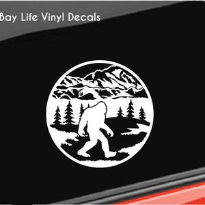 Bigfoot Mountains Scene Vinyl Decal, Sasquatch Bigfoot Window Decal, Bigfoot Home/Laptop/Computer/Truck/Car/Tumbler Sticker Decal