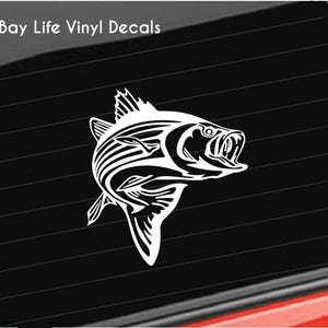 May include: White vinyl decal of a striped fish with its mouth open, on a black background. The text "Bay Life Vinyl Decals" is in the top left corner of the image.