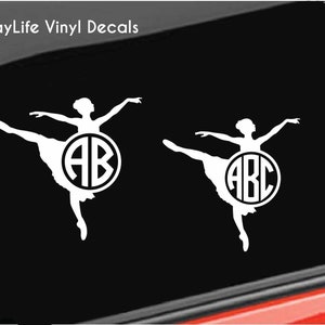 May include: Two white vinyl decals of a ballerina silhouette with a monogram circle in the center. The first decal has the monogram "AB" and the second decal has the monogram "ABC".