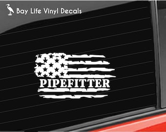 Pipefitter Vinyl Decal, Distressed America Flag Pipefitter Sticker