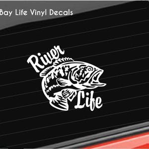 May include: White vinyl decal with a black and white illustration of a bass fish and the text "River Life".