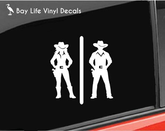 Cowboy Cowgirl Restroom Door Decal, Western Style Bathroom Door Sign