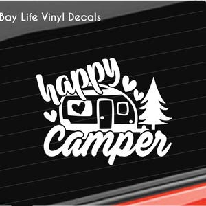 Happy Camper Decal, Camper Vinyl Decal, Camping Vinyl Decal, Trees Woods Camper Home/Laptop/Computer/Truck/Car Bumper Sticker Decal