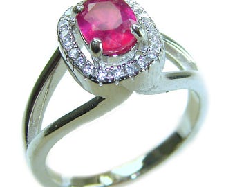 Ruby Cocktail Ring size 7.25 Handmade Sterling Silver Unique Rectangle Gemstone Pink Statement Jewelry Gift