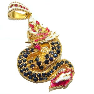 Natural Ruby Dragon Pendant – Emerald Enamel, 18K Gold over Sterling Silver, Unique Red Gemstone Gift