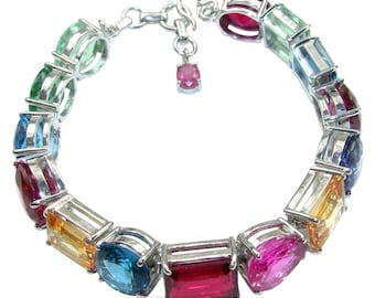 Tutti Frutti Multigem Bracelet Sterling Silver London Blue Topaz Handcrafted Gemstone Jewelry Gift