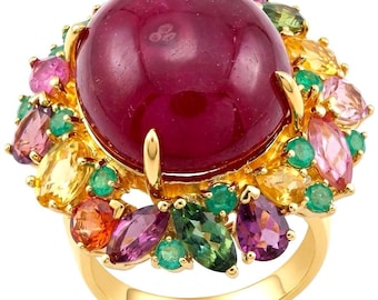 Genuine Mozambique Ruby Statement Ring in 22K Gold Over Sterling Silver size 7 1 4 Bold Red Gemstone Jewelry