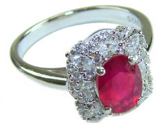 Authentic 4.3 Carat Ruby Sterling Silver Cocktail Ring Handmade Rectangle Red Gem size 7 1 4 Gift for Her
