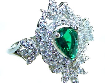 Emerald Ring Sterling Silver 2.3ct size: 6 1/4 Handcrafted Green Gemstone Elegant Statement Jewelry