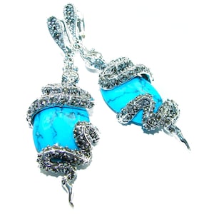 Inlay Turquoise Earrings, 925 Sterling Silver, Handmade Blue Gemstone Oval Dangles, Boho Statement Jewelry
