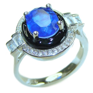 Art Deco Sapphire Ring, 5.8ct, Black Enamel, 925 Sterling Silver, size: 6, Handmade, Gift for Her