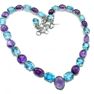 Amethyst Swiss Blue Topaz Statement Necklace, Sterling Silver, Handcrafted Gemstone Jewelry Gift for Women