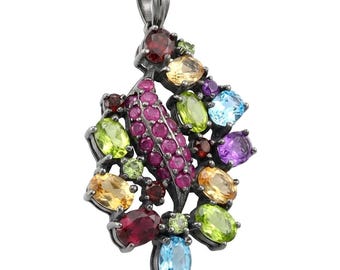 Ruby Multicolor Pendant in 925 Sterling Silver Rhodium Plated Unique Gemstone Jewelry Gift for Her