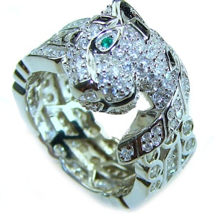 Emerald Statement Ring in 925 Sterling Silver Handcrafted Black Enamel Panther size: 5 3/4