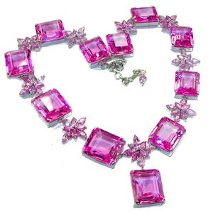 Pink Sapphire Statement Necklace 45.5ct, Sterling Silver Handcrafted, Large Rectangle Gemstone, Unique Gift for Her