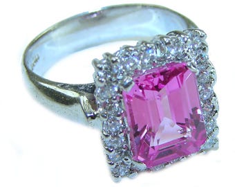 Pink Sapphire Cocktail Ring in Sterling Silver Handcrafted Rectangle Design Size 5 12 Statement Jewelry Gift