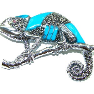 Türkis Chamäleon Brosche 925 Sterling Silber Handgefertigt Groß Eidechse Blau Stein Pin Einzigartiges Geschenk für Sie