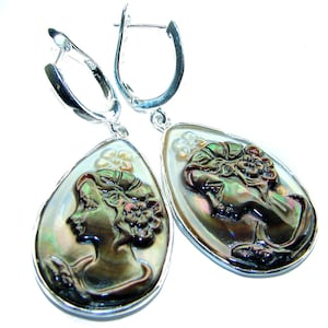 Vintage Rainbow Abalone Cameo Large Earrings Sterling Silver Handmade, Statement Gemstone Jewelry