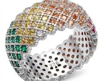 Anillo de eternidad con morganita arcoíris, plata de ley, gema multicolor, talla 7 1/4, joya llamativa, regalo.