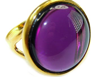 Bague tendance améthyste en or 18 carats sur argent sterling, pierres précieuses violettes, grands bijoux ronds uniques faits main