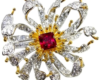 Exotic Flower Ruby Pendant Brooch 925 Silver 18k Gold Unique Handcrafted Jewelry Gift