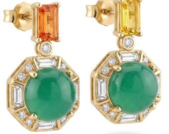 Smaragd Statement Örhängen i 925 Sterling Silver och 18K Guld Handgjorda Gåva till henne Gröna Ädelstenssmycken