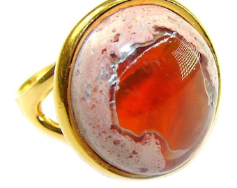 Inner Fire Ring aus 15,4 Karat mexikanischem Opal, vergoldet auf Sterlingsilber, Größe: 6, handgefertigtes Geschenk mit orangefarbenem Edelstein