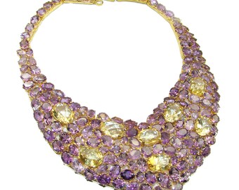 162 grams Purple Beaty authentic African Amethyst 18K Gold over .925  Sterling Silver handcrafted  LARGE Statement necklace