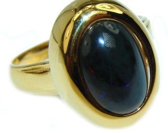 Vintage Design 10.2ctw Genuine  Black  Opal  14K Gold over .925 Sterling Silver handmade Ring size 9