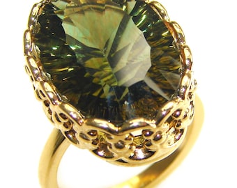 Helenite Ring 12.5ct Green Gemstone 14K Gold Over 925 Sterling Silver Handmade size: 7.75